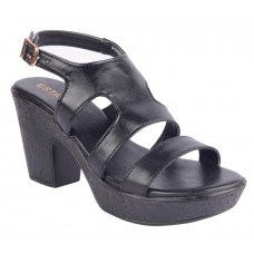 Estatos Synthetic               Leather Twin  Strap Block High Heeled Black Sandals